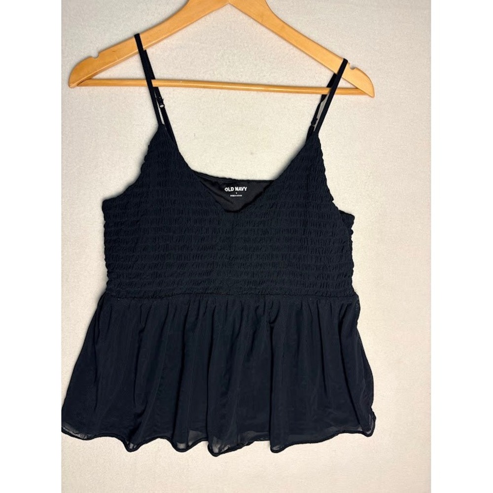 Old Navy Smocked Peplum Camisole Women Large Black Adjustable Straps Mesh Top